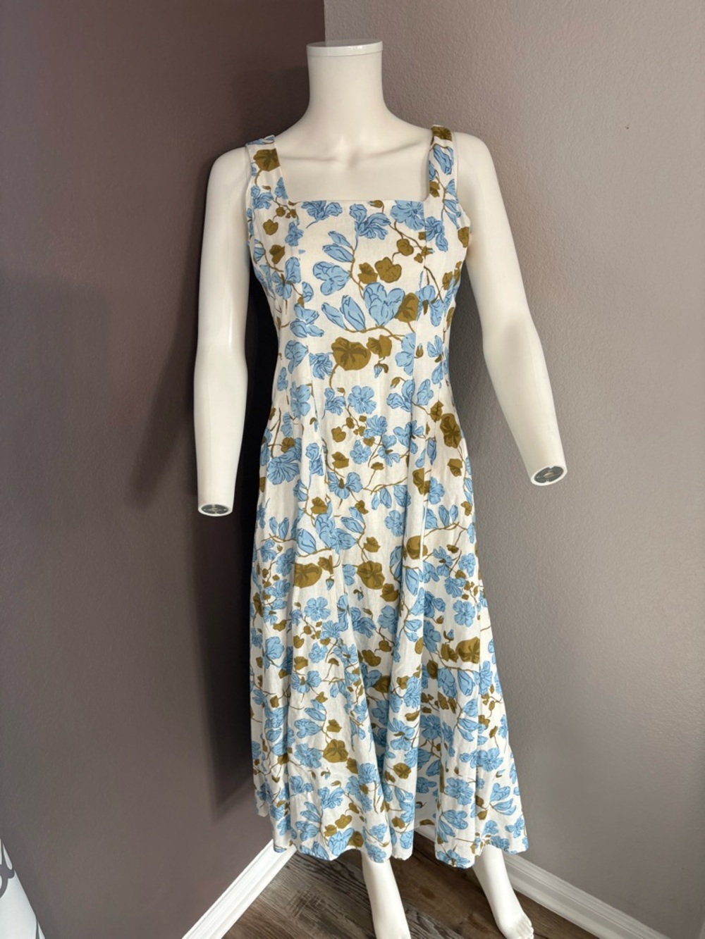 Joie Cream Floral Square-Neck Maxi Dress with Blue & Olive Blooms